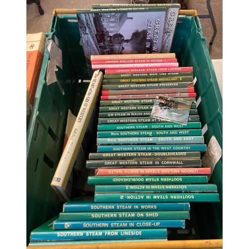 377 - Two boxes of railway interest books to include: a collection of railway themed books published by Br... 