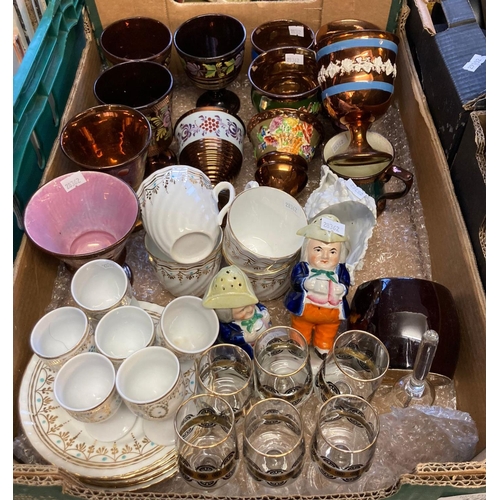 378 - Tray of assorted china to include: collection copper lustre goblets and mugs, various, pair of Staff... 