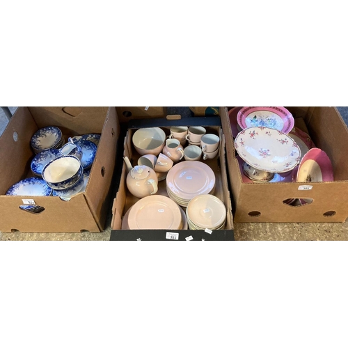 385 - Three boxes of assorted china including: blue and white teaware, Carlton Ware tea set etc.  (3)   (B... 