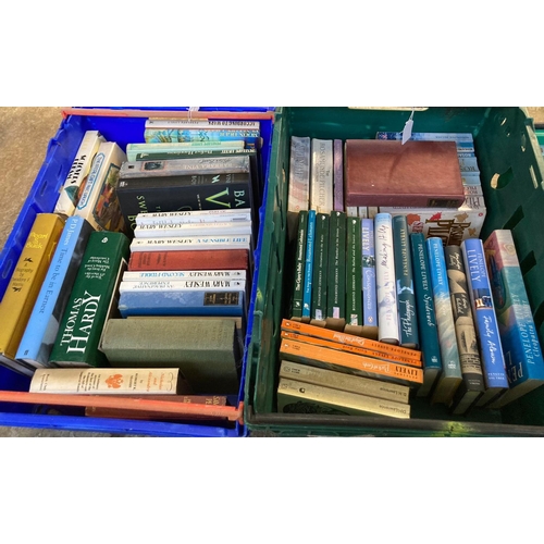 386 - Three boxes of books to include: various by Rosamunde Pilcher, Penelope Lively first editions; 'Heat... 