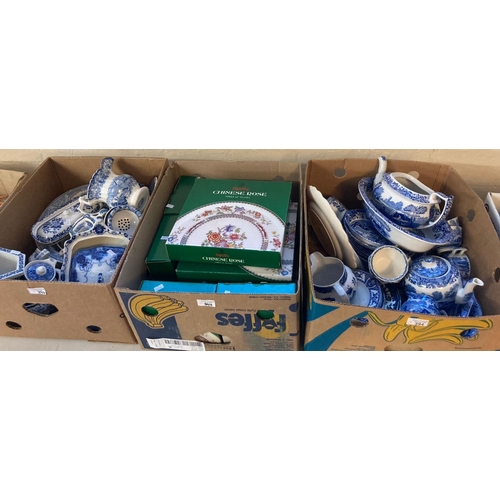 394 - Three boxes of assorted Spode and other blue and white china to include: Chinese rose porcelain plat... 