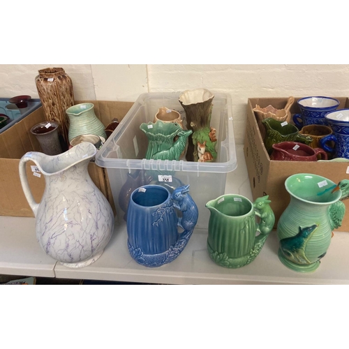 398 - Three boxes of assorted pottery jugs, to include: various Sylvac jugs and other, various.  (3)   (B.... 