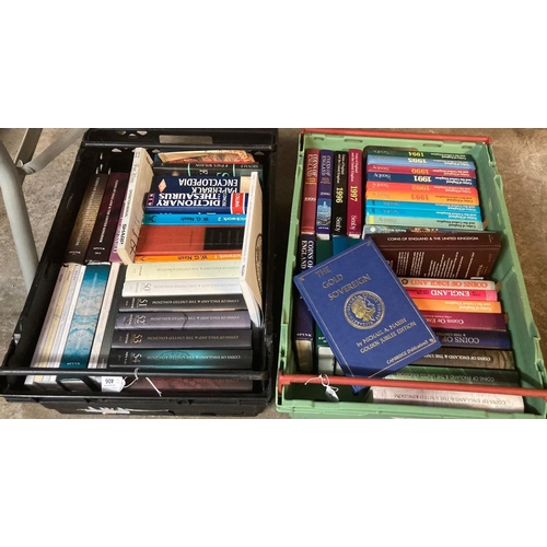 406 - Two boxes of reference books to include: various years volumes of 'Coins of England and the United K... 