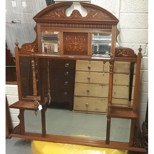 414 - 19th century rosewood and marquetry inlaid over mantle mirror having fixed shelves and an arrangemen... 