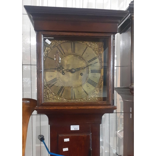 422 - 18th century brass faced cottage long cased clock marked 'J Bayley, Uttoxeter', the case with flat h... 