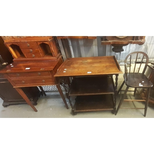 428 - Collection of furnishing items to include: early 20th century barley twist three tier trolley on whe... 