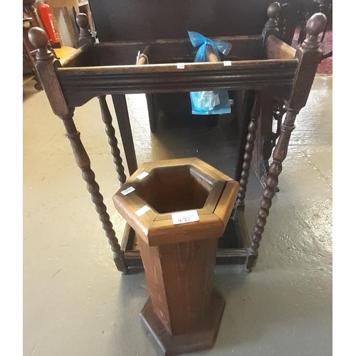 431 - Early 20th century oak barley twist three section stick and umbrella stand with drip tray, together ... 