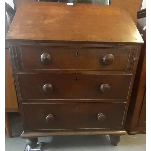 437 - 19th century oak fall front bureau above three long drawers with turned knob handles on turned balus... 