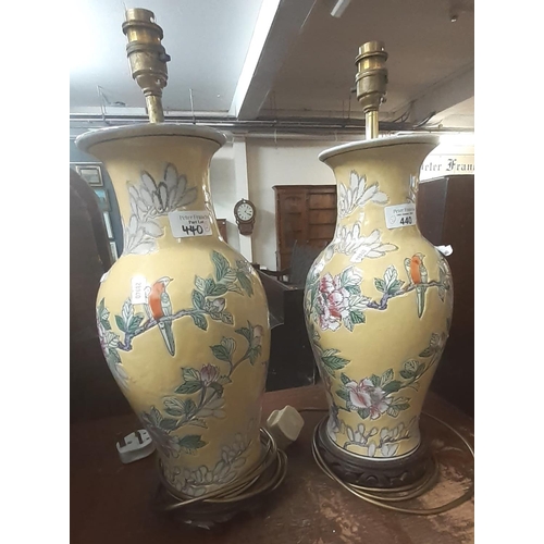 440 - Pair of Chinese yellow ground baluster vases, now converted to lamp bases on hardwood stands decorat... 