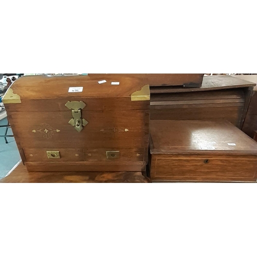 446 - Modern hardwood brass inlaid treasure chest, the interior revealing lift up tray and pull out drawer... 