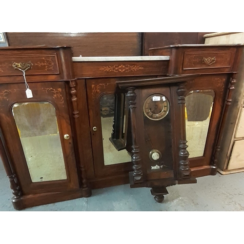 447 - Victorian walnut marquetry inlaid credenza, the central white veined marble top above three mirrored... 