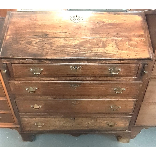 452 - 18th century mahogany fall front bureau above an arrangement of four drawers on bracket feet.  (B.P.... 