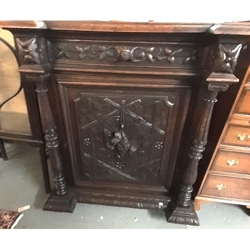 458 - Late Victorian oak Flemish design carved cabinet, the moulded and indented cornice above a single dr... 