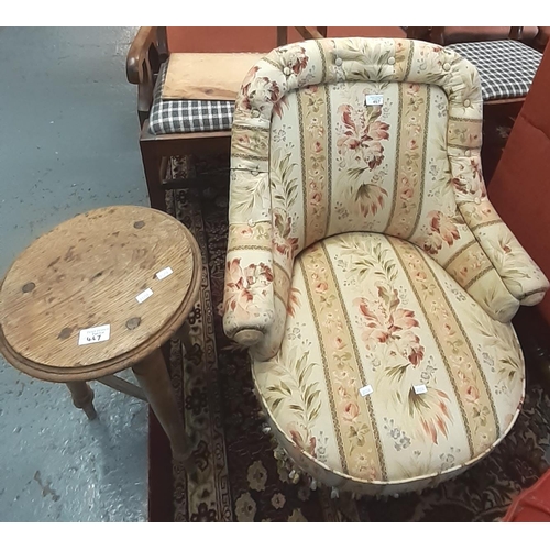 467 - Edwardian upholstered nursing/bedroom chair together with a small pale oak three legged stool.  (2) ... 