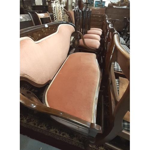 473 - Edwardian rosewood and marquetry inlaid parlour sofa together with a set of four late Victorian maho... 