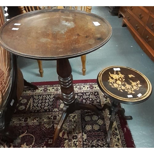 481 - 19th century mahogany dish top tilt top tripod wine table together with another smaller wine table d... 