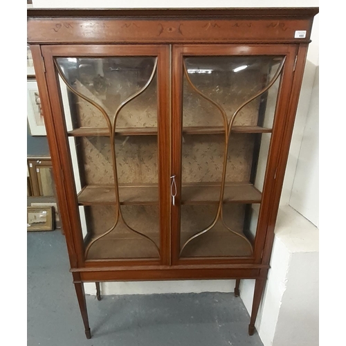 486 - Edwardian satin wood display cabinet, the moulded cornice above a marquetry inlay of swags and folia... 