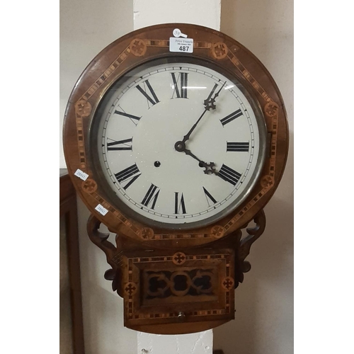 487 - Victorian walnut and mixed woods inlaid two train wall clock with key and pendulum.  (B.P. 21% + VAT... 