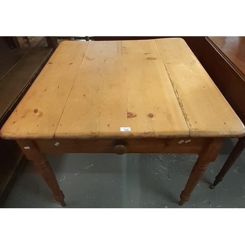 500 - Late Victorian pine single drawer farmhouse table standing on ring turned baluster legs.  104x94x73c... 