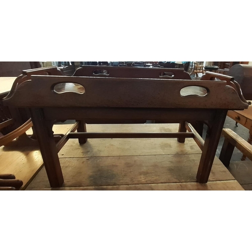 511 - Mahogany butler's tray with brass hinges on fixed stand.   (B.P. 21% + VAT)