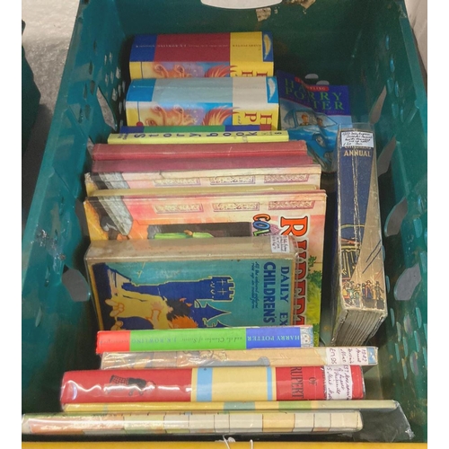 536 - Four crates of assorted books to include: various Rupert Bear annuals and books; Rupert Colour Adven... 