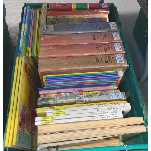 536 - Four crates of assorted books to include: various Rupert Bear annuals and books; Rupert Colour Adven... 