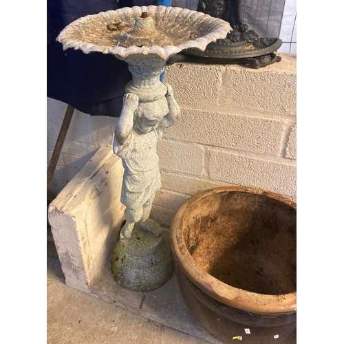 548 - Cast aluminium cherub design pedestal bird bath together with a reconstituted stone figure mounted b... 