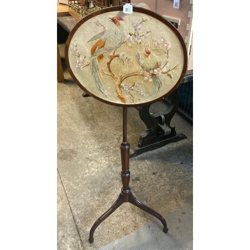 559 - Victorian mahogany tripod pole/makeup screen the tapestry panel decorated with exotic birds amongst ... 