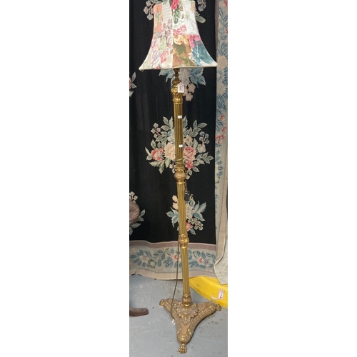 563 - Good quality brass standard lamp with modern floral shade.  (B.P. 21% + VAT)