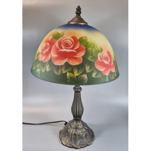 76 - Modern table lamp, the shade of mushroom form decorated with roses and butterflies.
(B.P. 21% + VAT)