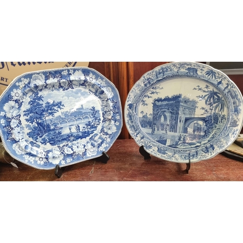 79A - Two 19th century transfer printed blue and white pottery meat plates; one octagonal 'Lancaster' desi... 