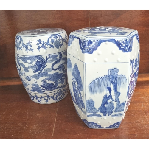 86 - Two similar modern Chinese design blue and white conservatory seats of barrel and hexagonal form, de... 