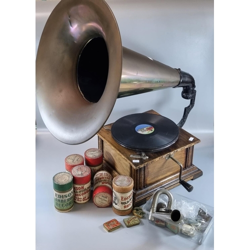 93 - Vintage wind up gramophone with brass horn and accessories also including Edison phonograph cylinder... 