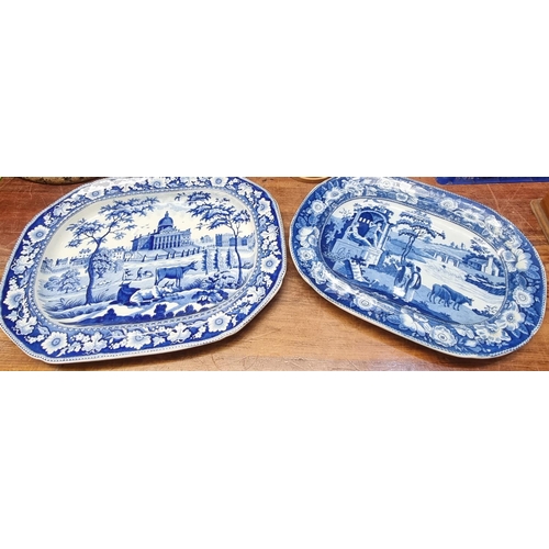 95A - Two 19th century blue and white transfer printed pottery oval meat plates; one a Rogers 'Boston Stat... 