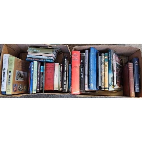 390 - Two boxes of books of antique interest to include: The Antique Collectors club 'Old Clock, Watches a... 