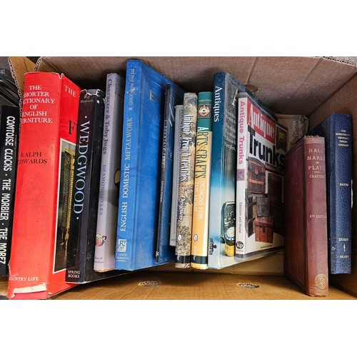 390 - Two boxes of books of antique interest to include: The Antique Collectors club 'Old Clock, Watches a... 