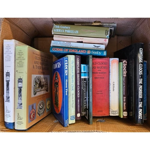 390 - Two boxes of books of antique interest to include: The Antique Collectors club 'Old Clock, Watches a... 