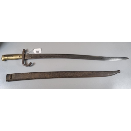 100 - 19th century french Chassepot sword bayonet marked 'St Etienne 1873' with steel scabbard.  Overall 6... 