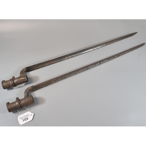 103 - Pair of  19th century, probably British, socket bayonets with triangular fluted blades.  53cm long a... 