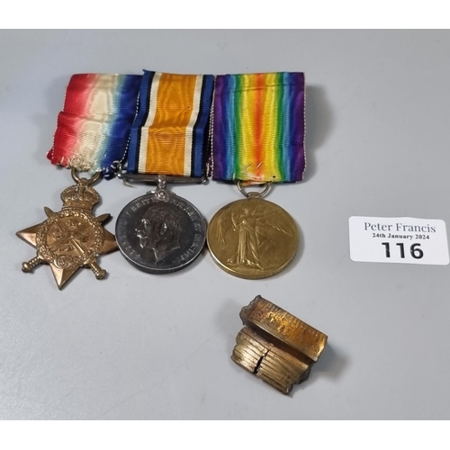 116 - WWI medal trio to include: 1914 Mons Star, 1914-18 War Medal and 1914-1919 Victory Medal awarded to ... 