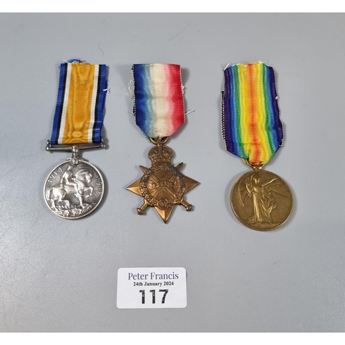 117 - WWI medal trio, to include: 1914-1915 Star, 1914-18 War Medal and 1914-19 Victory medal, awarded to ... 