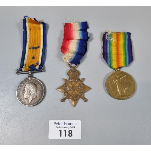 118 - WWI medal trio to include: 1914-15 Star, 1914-18 War Medal and 1914-1919 Victory Medal, awarded to J... 