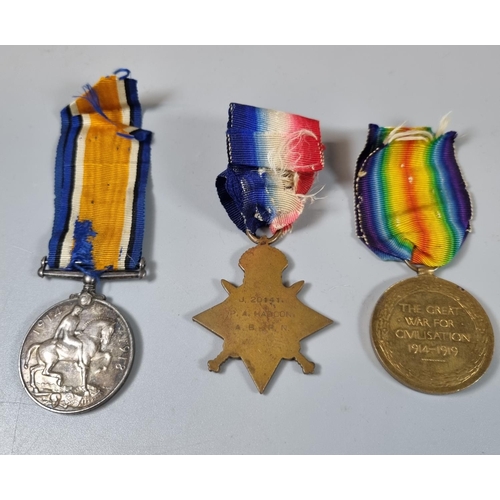 118 - WWI medal trio to include: 1914-15 Star, 1914-18 War Medal and 1914-1919 Victory Medal, awarded to J... 