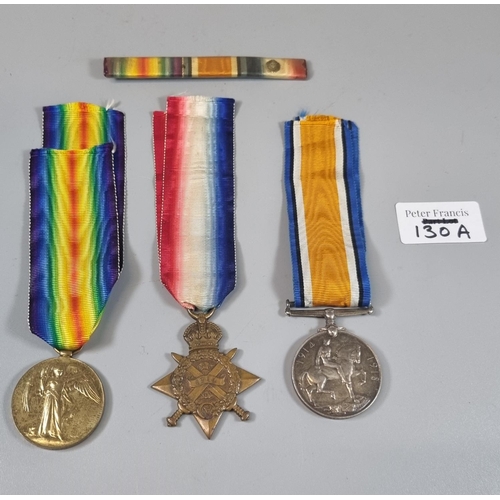 130A - WWI Medal Trio to include: 1914 'Mons Star', 1914-18 War Medal, 1914-19 Victory Medal together with ... 