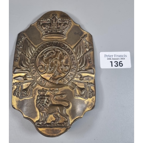136 - George III style embossed brass military helmet or shako plate, originally gilded, believed early 19...