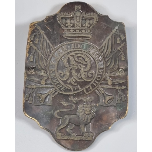 136 - George III style embossed brass military helmet or shako plate, originally gilded, believed early 19... 