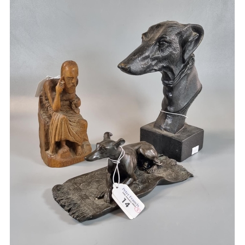 14 - Cast metal bust of a greyhound or lurcher, together with a bronzed study of a recumbent lurcher or g... 