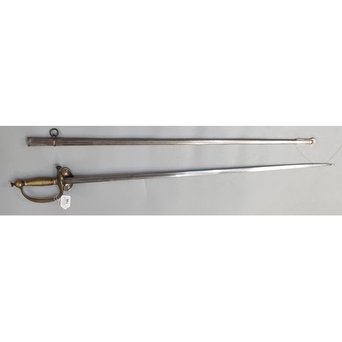 146 - Court sword with wire bound grip, double fullered blade and steel scabbard, the guard with insignia ... 