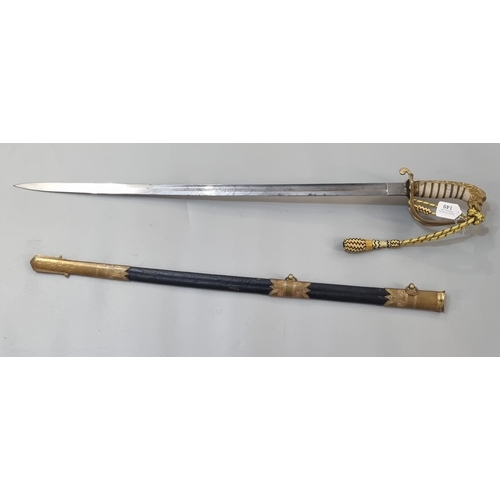 149 - British Naval officer's sword, having wire bound shark skin grip, lion pommel with solid hilt bearin... 