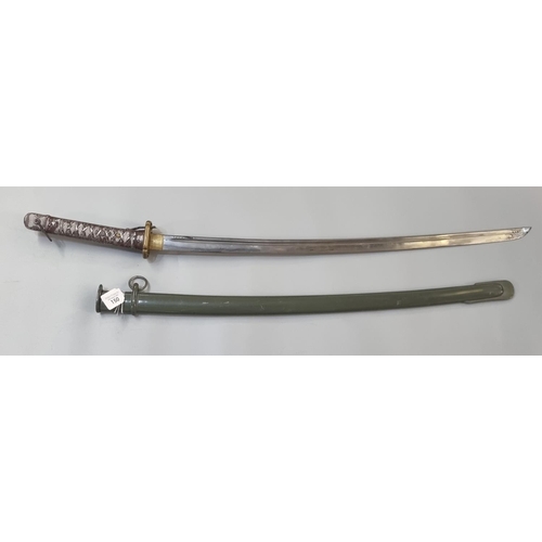 150 - Japanese military sword, having painted white metal grip, yellow metal tsuba and a numbered single e... 